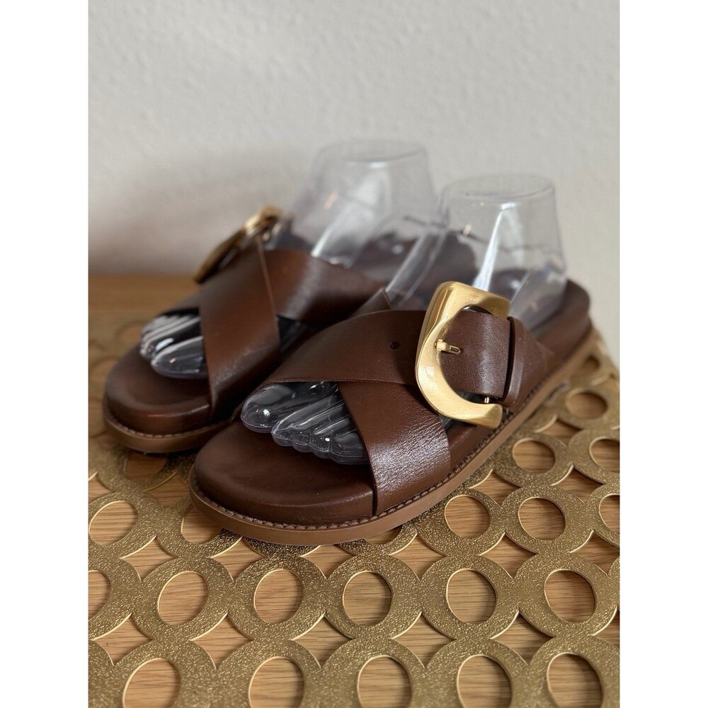 SCHUTZ Lois Sporty Flat Sandals in Brown with Gold Buckle Made in Brazil 8.5